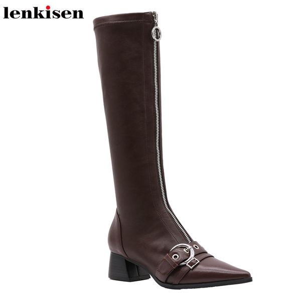 lenkisen new cow leather med heels pointed toe high street fashion handsome zipper buckle straps winter knee high boots l23, Black
lenkisen new cow leather med heels pointed toe high street fashion handsome zipper buckle straps winter knee high boots l23, Black
