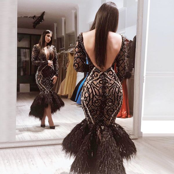 black mermaid high low evening dresses tea length luxury feather sequined illusion v-neck long sleeves backless prom dress, Black;red
black mermaid high low evening dresses tea length luxury feather sequined illusion v-neck long sleeves backless prom dress, Black;red