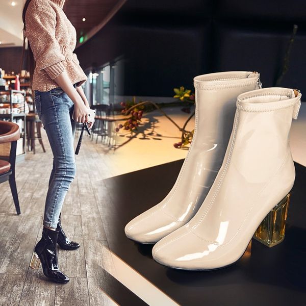 brand nude color patent leather boots for women high heels short ankle boots transparent crystal heels party boots, Black
brand nude color patent leather boots for women high heels short ankle boots transparent crystal heels party boots, Black
