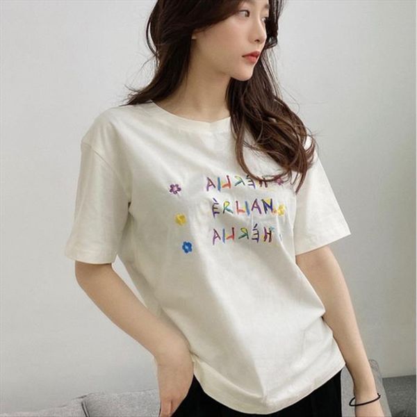 three-color herlian letter embroidery short-sleeved t-shirt female 2020 three-row loose casual half-sleeve three-color herlian letter embroi, White 
three-color herlian letter embroidery short-sleeved t-shirt female 2020 three-row loose casual half-sleeve three-color herlian letter embroi, White