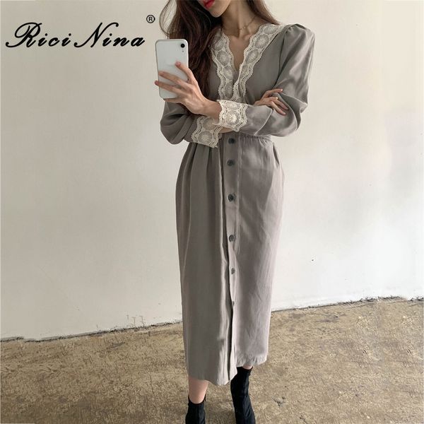 ricinina women vintage dress long sleeve v-neck solid buttons lace slim maxi dress spring 2020 casual elegant vestidos long, Black;gray
ricinina women vintage dress long sleeve v-neck solid buttons lace slim maxi dress spring 2020 casual elegant vestidos long, Black;gray