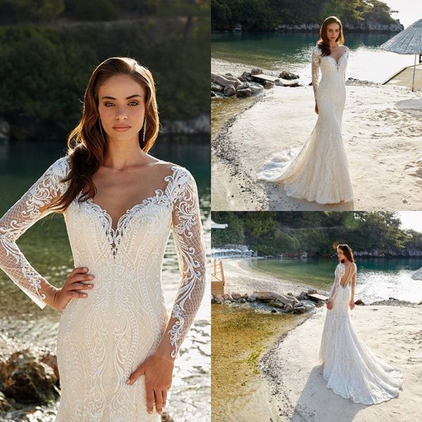 eddy k 2019 свадебные платья с глубоким v-образным вырезом с длинным рукавом и кружевными аппликациями русалка свадебные платья sweep train, White 
eddy k 2019 свадебные платья с глубоким v-образным вырезом с длинным рукавом и кружевными аппликациями русалка свадебные платья sweep train, White