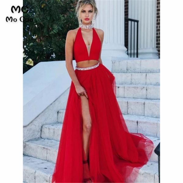 two pieces gown prom dresses long with beaded crystals halter evening gown vestido de festa front slit tulle prom dresses, White;black
two pieces gown prom dresses long with beaded crystals halter evening gown vestido de festa front slit tulle prom dresses, White;black