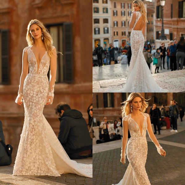 long sleeve berta wedding dresses 2020 deep v neck lace appliqued backless bridal vestidos de novia sweep train mermaid wedding dress, White
long sleeve berta wedding dresses 2020 deep v neck lace appliqued backless bridal vestidos de novia sweep train mermaid wedding dress, White