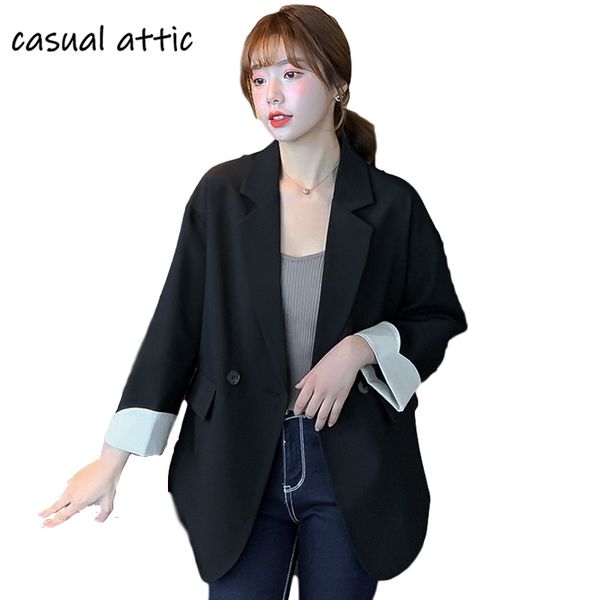 women solid color long blazer jacket pleated sleeve loose coat 2020 office lady work style loose suit single button blazer, White;black 
women solid color long blazer jacket pleated sleeve loose coat 2020 office lady work style loose suit single button blazer, White;black