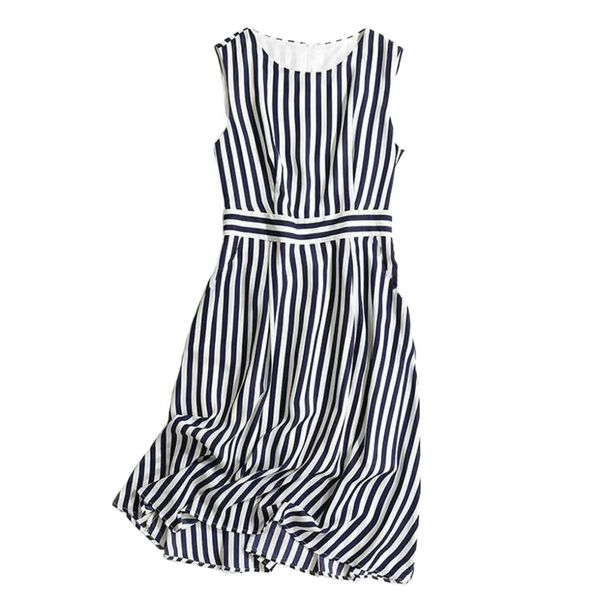 

simple women dress striped pattern sleeveless a line crew neck mid-calf sweet casual loose stylish polyester dating fashion, Black;gray