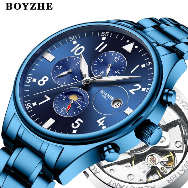 

boyzhe mens automatic mechanical watches luxury brands casual stainless steel moon phase sports business watch relogio masculino, Slivery;brown