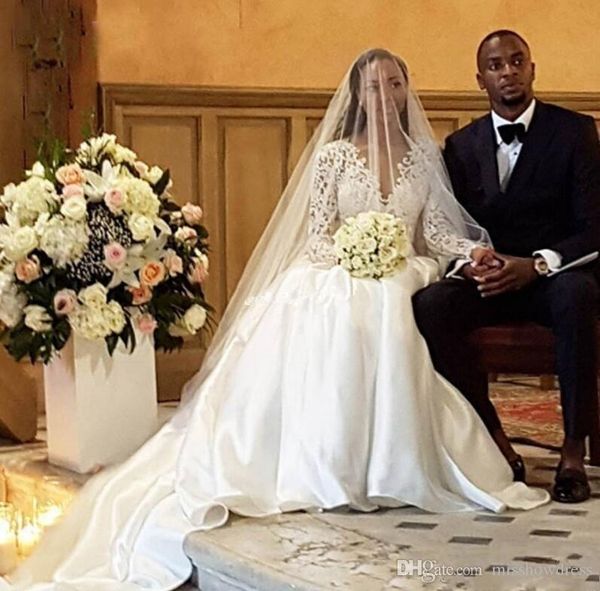 african lace long sleeves a line wedding dresses for black girls satin v neck wedding dress bridal gown robe de soriee vestidos, White
african lace long sleeves a line wedding dresses for black girls satin v neck wedding dress bridal gown robe de soriee vestidos, White