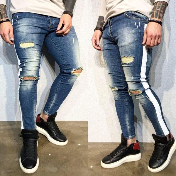 s-3xl fashion side hole white stripe men's torn skinny moto jeans worn patch patch jeans denim trouser nk68, Blue
s-3xl fashion side hole white stripe men's torn skinny moto jeans worn patch patch jeans denim trouser nk68, Blue