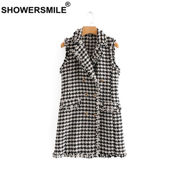 

showersmile womens plaid vest houndstooth vest long tweed sleeveless fringe jackect slim waistcoat england style gilet women, Black;white