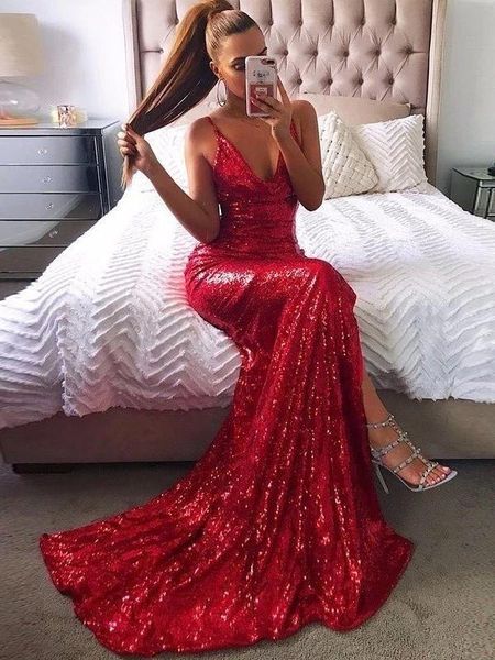 red mermaid prom dresses 2020 high side slit backless sparkly sequined plunging v neck backless side split formal evening party gowns, Black
red mermaid prom dresses 2020 high side slit backless sparkly sequined plunging v neck backless side split formal evening party gowns, Black
