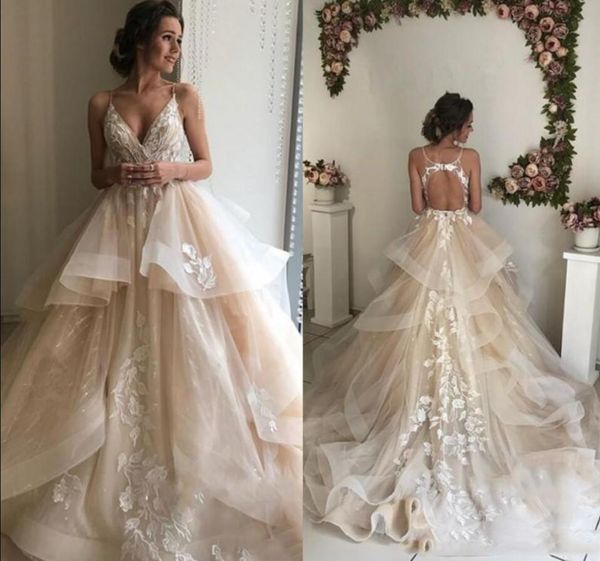 spaghetti straps lace wedding dresses with appliques court train draped tiered tulle backless bridal gowns custom made, White 
spaghetti straps lace wedding dresses with appliques court train draped tiered tulle backless bridal gowns custom made, White