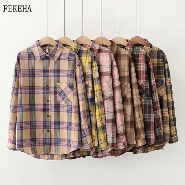 women's blouses & shirts plaid women and long sleeve oversized cotton ladies casual blusas one pocket loose female checked shirt, White
women's blouses & shirts plaid women and long sleeve oversized cotton ladies casual blusas one pocket loose female checked shirt, White