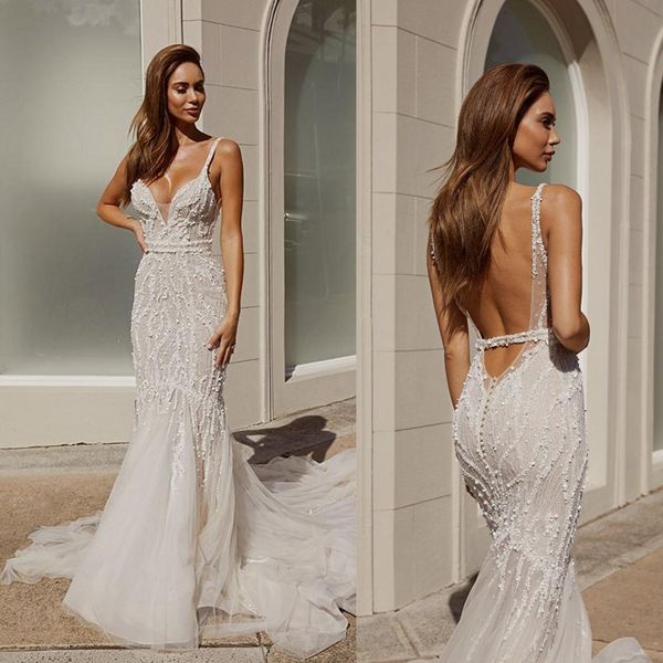 

pallas couture wedding dresses spaghetti straps lace beads sequins bridal gowns open back sweep train mermaid wedding dress, White