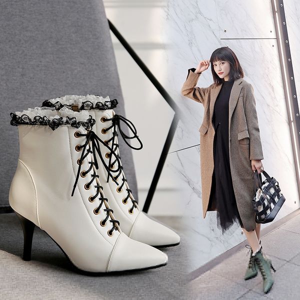 sweet lace ruffles high heels boots women front cross-tied ankle boots pointed toe black/white leather winter big sizey739
sweet lace ruffles high heels boots women front cross-tied ankle boots pointed toe black/white leather winter big sizey739