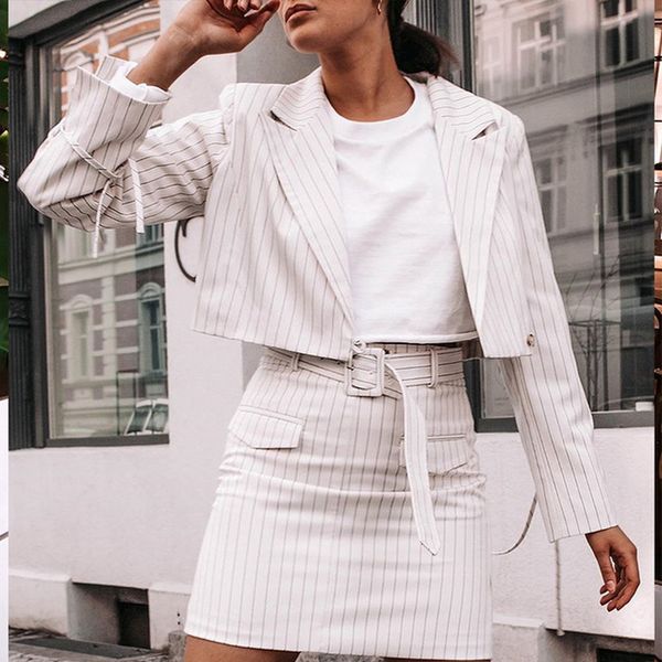 2019 2 set piece skirt and suit women's striped suit + skirt new fashion temperament long-sleeved lapel two-piece office clothes, White;black
2019 2 set piece skirt and suit women's striped suit + skirt new fashion temperament long-sleeved lapel two-piece office clothes, White;black