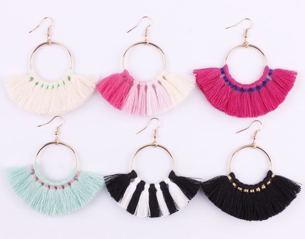 trendy bohemin cotton tassel fan fringe statement earrings for women gold circle with tassels chandelier jewelry accessories, Silver 
trendy bohemin cotton tassel fan fringe statement earrings for women gold circle with tassels chandelier jewelry accessories, Silver