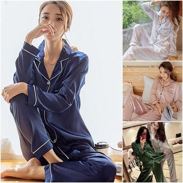 fashion women satin silk sleepwear pajama sets autumn winter long sleeve single breasted shirts long pants comfy 2pcs sets, Blue;gray
fashion women satin silk sleepwear pajama sets autumn winter long sleeve single breasted shirts long pants comfy 2pcs sets, Blue;gray