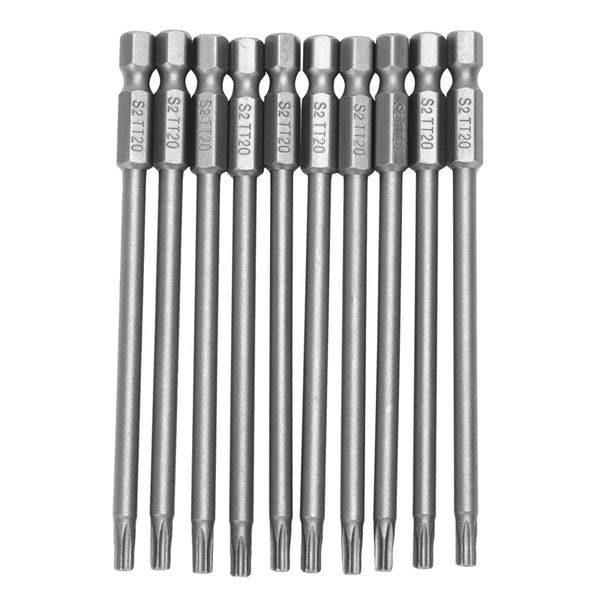10pcs 100mm length 1/4 inch hex shank t20 torx security screwdriver bits, silver gray
10pcs 100mm length 1/4 inch hex shank t20 torx security screwdriver bits, silver gray