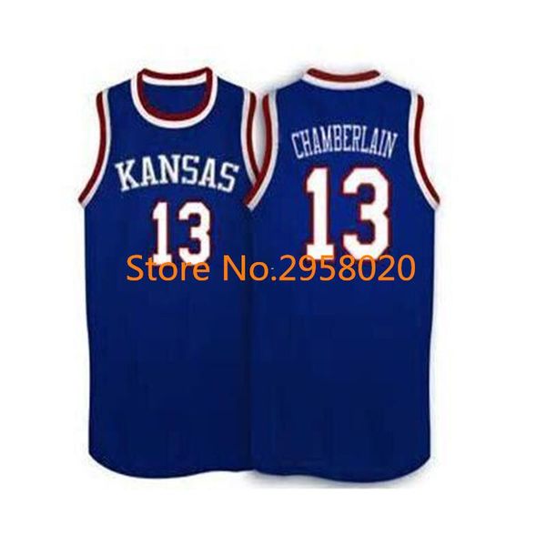 custom #13 wilt chamberlain kansas jayhawks ku college basketball jersey white blue embroidery stitched custom any number and name, Black;blue