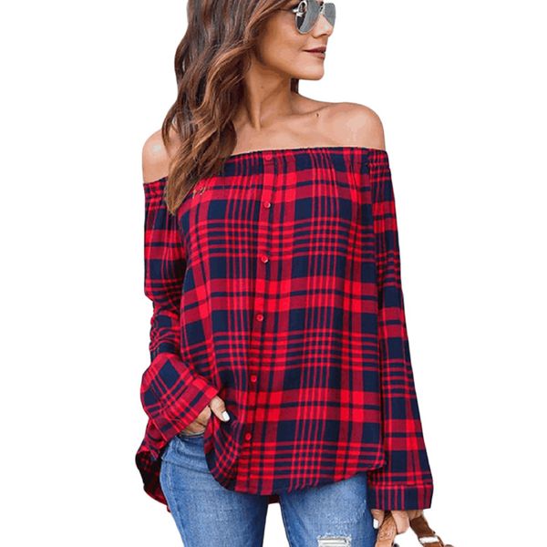Spring Women Plaid T-shirt Slash Neck Long Sleeves Single Breast Pullover Women Grid Printed Off Shoulder Blouse S-2XL
Spring Women Plaid T-shirt Slash Neck Long Sleeves Single Breast Pullover Women Grid Printed Off Shoulder Blouse S-2XL