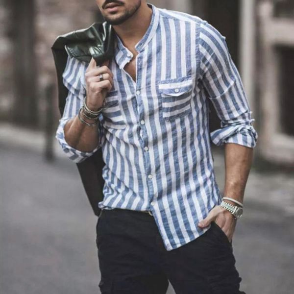 men shirt casual shirt cotton striped double mouth stand collar slim for men social, White;black
men shirt casual shirt cotton striped double mouth stand collar slim for men social, White;black
