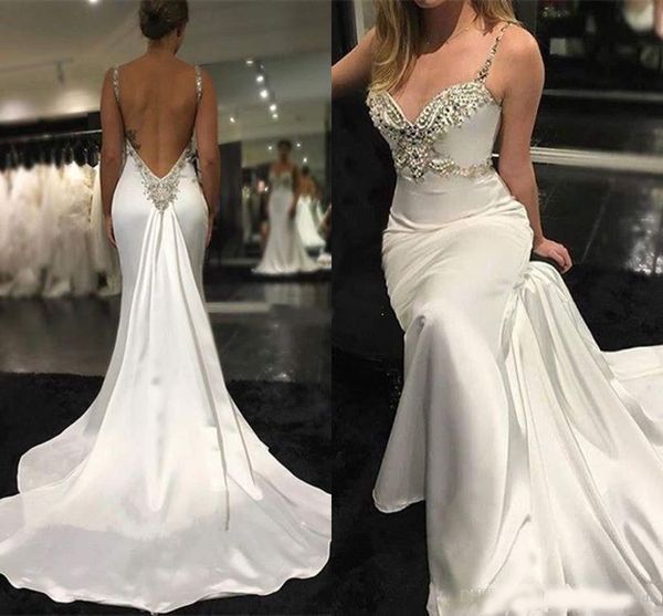 backless crystals beaded bridal dress sweep train beach wedding gowns modern spaghetti mermaid wedding dresses, White
backless crystals beaded bridal dress sweep train beach wedding gowns modern spaghetti mermaid wedding dresses, White