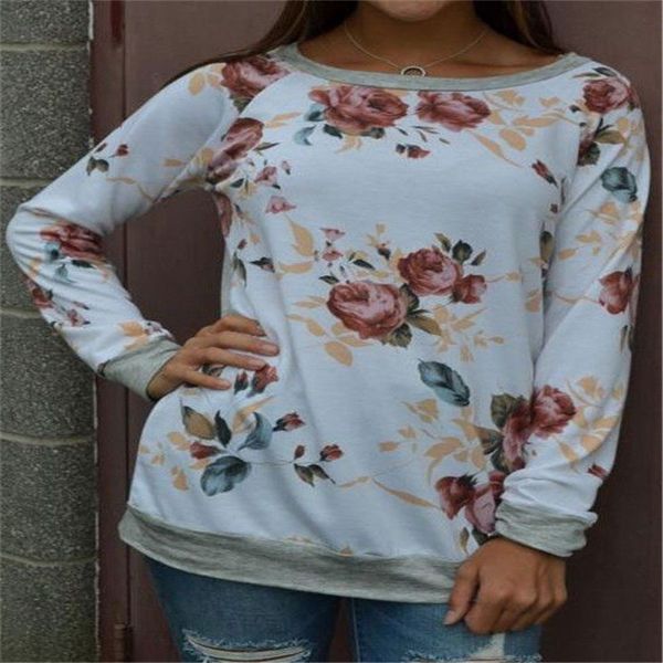 

винтаж 2017 цветочные толстовки футболка женщины с длинным рукавом новый осенний пуловер футболки дамы плюс размер джемпер туника топы женск, White