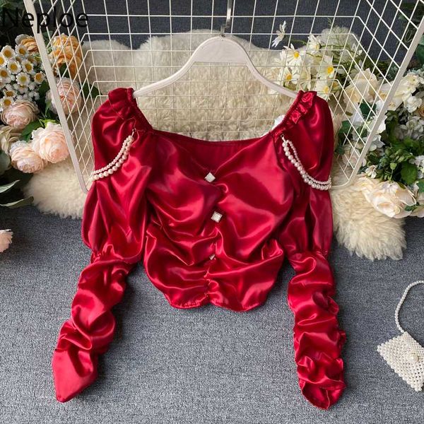 neploe french retro pleat design short blouse v neck puff long sleeve beading blusas court style slim fit pullover shirt 49049, White
neploe french retro pleat design short blouse v neck puff long sleeve beading blusas court style slim fit pullover shirt 49049, White