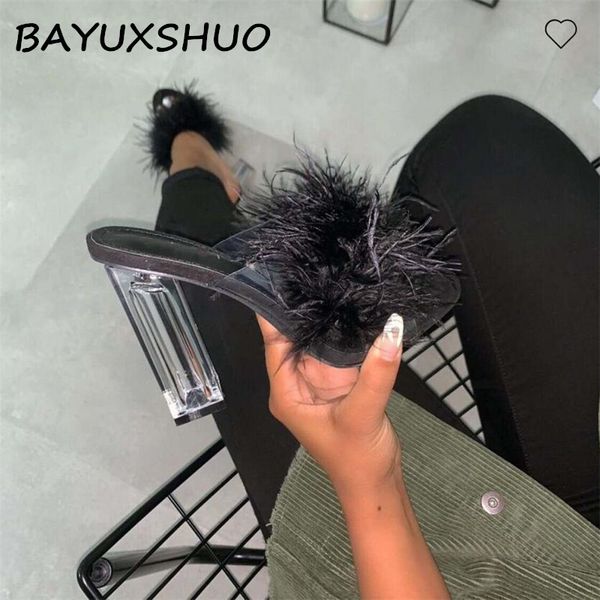 bayuxshuo women summer sandals slippers transparent crystal chunky heel ladies hairy high heel slippers wedding shoes woman, Black
bayuxshuo women summer sandals slippers transparent crystal chunky heel ladies hairy high heel slippers wedding shoes woman, Black