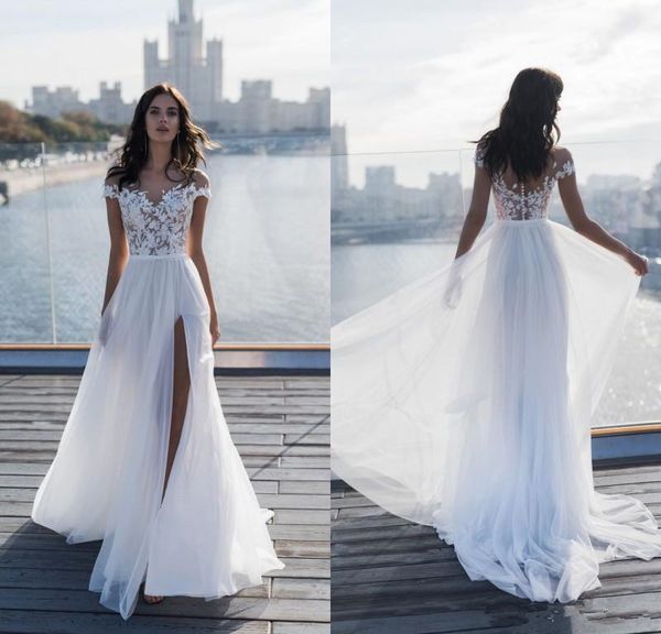 new beach wedding dresses sheer neck lace appliqued chiffon floor length split boho bridal gowns custom made, White
new beach wedding dresses sheer neck lace appliqued chiffon floor length split boho bridal gowns custom made, White