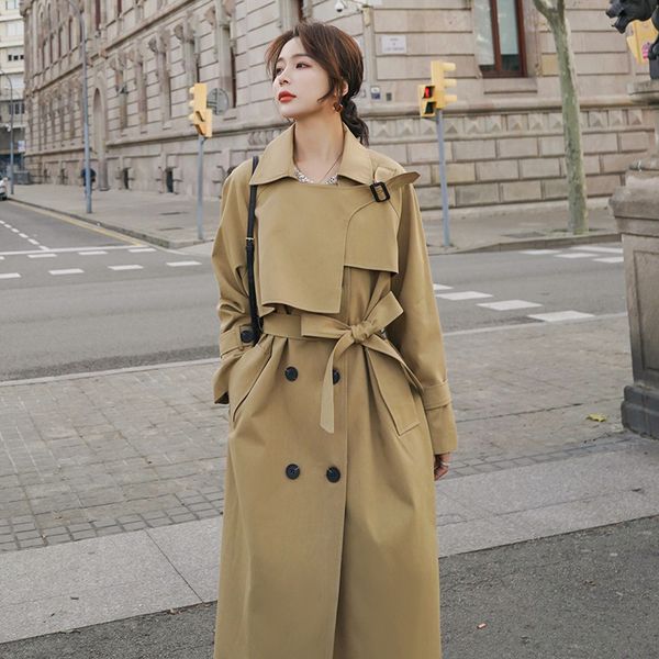 women's trench coats super classic style khaki coat female middle long section 2021 spring korean double breasted bandage outerwear r11, Tan;black
women's trench coats super classic style khaki coat female middle long section 2021 spring korean double breasted bandage outerwear r11, Tan;black