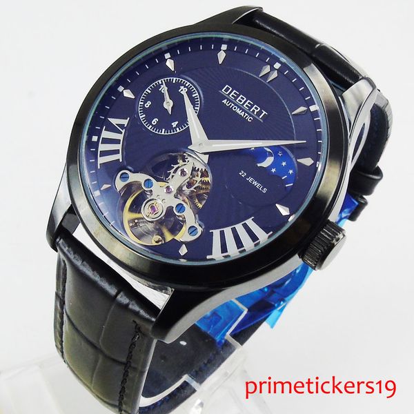 41mm debert pvd coated black dial day night indicator self winding men watch leather strap, Slivery;brown
41mm debert pvd coated black dial day night indicator self winding men watch leather strap, Slivery;brown
