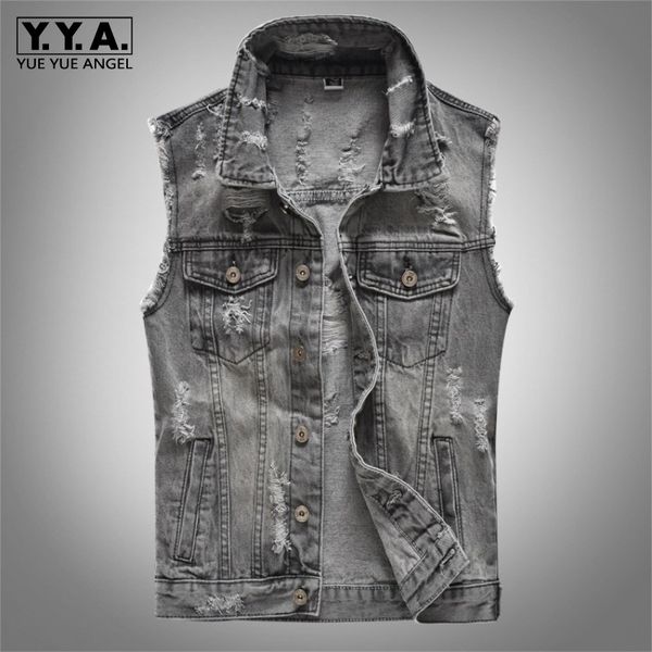 spring autumn mens hole ripped denim vest slim fit sleeveless cowboy jacket plus size 5xl grey male vests outwear waistcoat, Black;white 
spring autumn mens hole ripped denim vest slim fit sleeveless cowboy jacket plus size 5xl grey male vests outwear waistcoat, Black;white