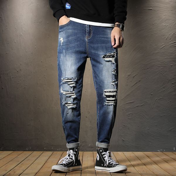 hole jeans men loose ripped spliced washed full length bleached fashion wild harem pants casual male tide, Blue
hole jeans men loose ripped spliced washed full length bleached fashion wild harem pants casual male tide, Blue