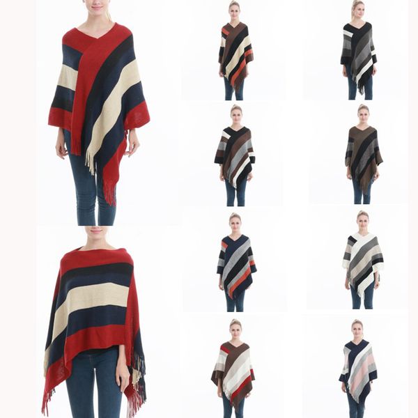 

women striped tassel poncho sweater knit scarf wrap loose shawl vintage scarves cloak coat girls winter warm cape clothes 9 styles, Black