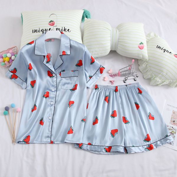 missyou strawberry print satin pajama set casual sleep wear shorts sets short sleeve pocket women summer pajama set, Black;red
missyou strawberry print satin pajama set casual sleep wear shorts sets short sleeve pocket women summer pajama set, Black;red