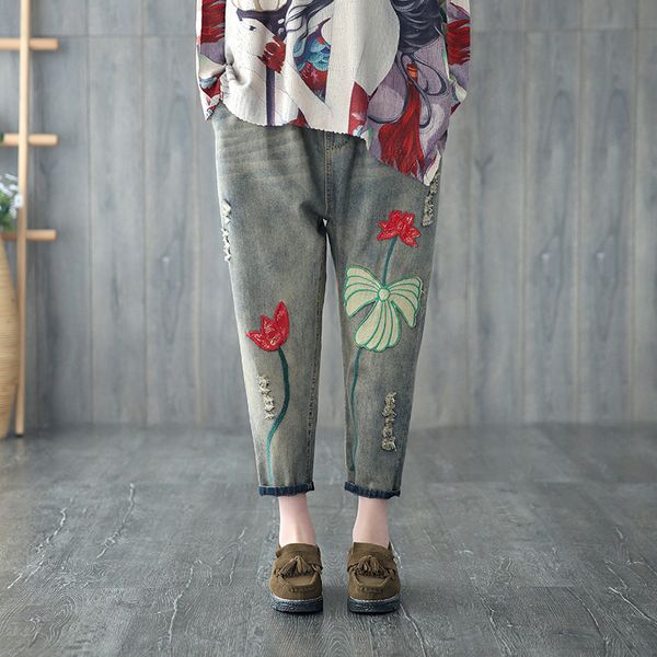 chinese style vintage womenn loose harem pants literary embroidery elastic waist denim pants washed jeans casual denim trousers, Blue
chinese style vintage womenn loose harem pants literary embroidery elastic waist denim pants washed jeans casual denim trousers, Blue