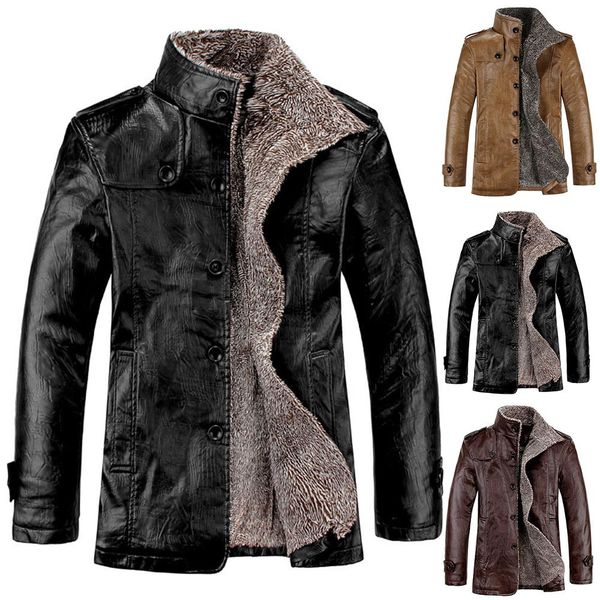 men winter stand collar faux leather buttons pocket fleece plus size warm jacket, Black;brown
men winter stand collar faux leather buttons pocket fleece plus size warm jacket, Black;brown