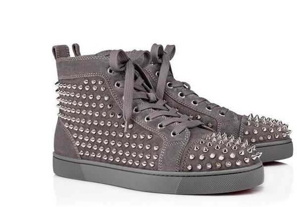 elegant designer grey suede with spikes red bottom sneakers shoes luxury high rivets casual walking outdoor lace up party, Black
elegant designer grey suede with spikes red bottom sneakers shoes luxury high rivets casual walking outdoor lace up party, Black