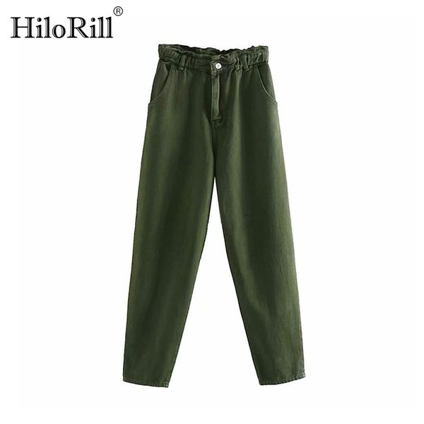 

vintage high waist women harm pants casual solid ladies paperbag pants fashion female loose trousers army green denim bottoms, Black;white