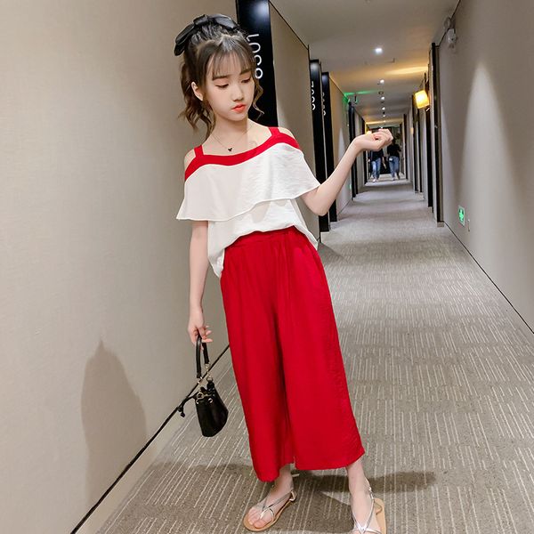 2020 summer new girls' suit summer dress chiffon one shoulder wide leg 9-point pants super foreign korean two piece set, White
2020 summer new girls' suit summer dress chiffon one shoulder wide leg 9-point pants super foreign korean two piece set, White