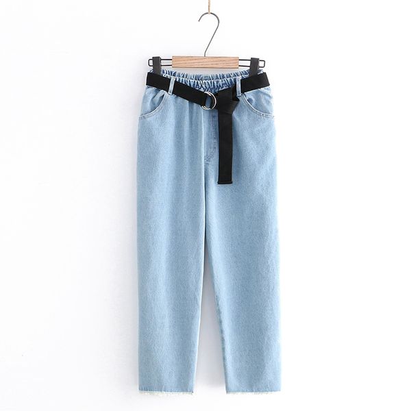 denim jeans woman simple solid color elastic waist belt jean straight pants nine ladies jeans casual pants, Blue
denim jeans woman simple solid color elastic waist belt jean straight pants nine ladies jeans casual pants, Blue