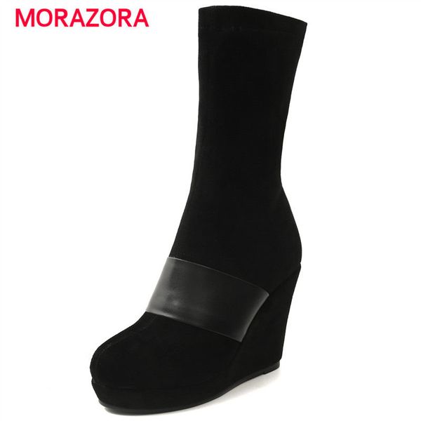 morazora big size slip on mid calf boots autumn winter stretch fabric+kid suede leather boots super high heel platform, Black
morazora big size slip on mid calf boots autumn winter stretch fabric+kid suede leather boots super high heel platform, Black
