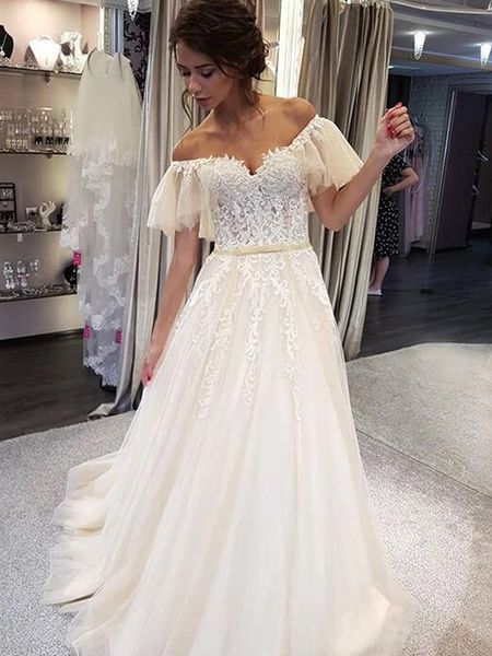 elegant off the shoulder wedding dress tulle appliqued beach boho bride gowns backless a line princess lace sweep train bridal dresses, White
elegant off the shoulder wedding dress tulle appliqued beach boho bride gowns backless a line princess lace sweep train bridal dresses, White