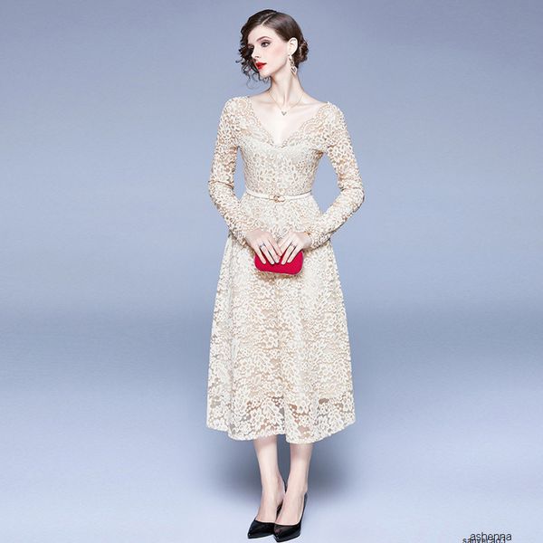 womens designer skirt temperament elegant long sleeve lace v-neck dress femaledg7hh, Black;gray
womens designer skirt temperament elegant long sleeve lace v-neck dress femaledg7hh, Black;gray