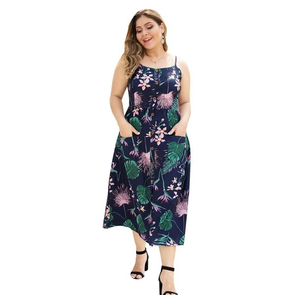 europe and the united states new nine buckle high waist backless double pocket large size women's sling print long dress, White
europe and the united states new nine buckle high waist backless double pocket large size women's sling print long dress, White