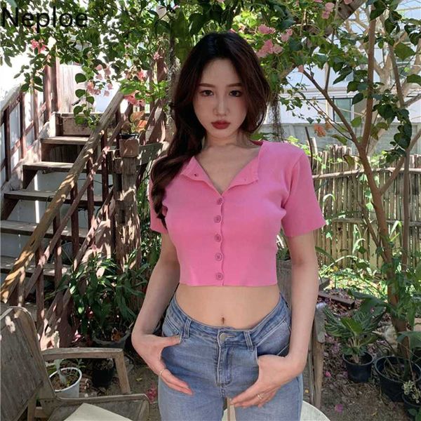 neploe 2020 summer knitted t shirts women solid single breasted short sleeve korean solid female tees o neck thin 1c997, White
neploe 2020 summer knitted t shirts women solid single breasted short sleeve korean solid female tees o neck thin 1c997, White