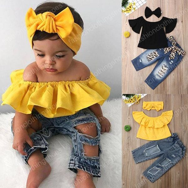 kids designer clothes girls outfits children off shoulder +hole denim pants with headbands 3pcs/sets summer baby clothing sets, White
kids designer clothes girls outfits children off shoulder +hole denim pants with headbands 3pcs/sets summer baby clothing sets, White