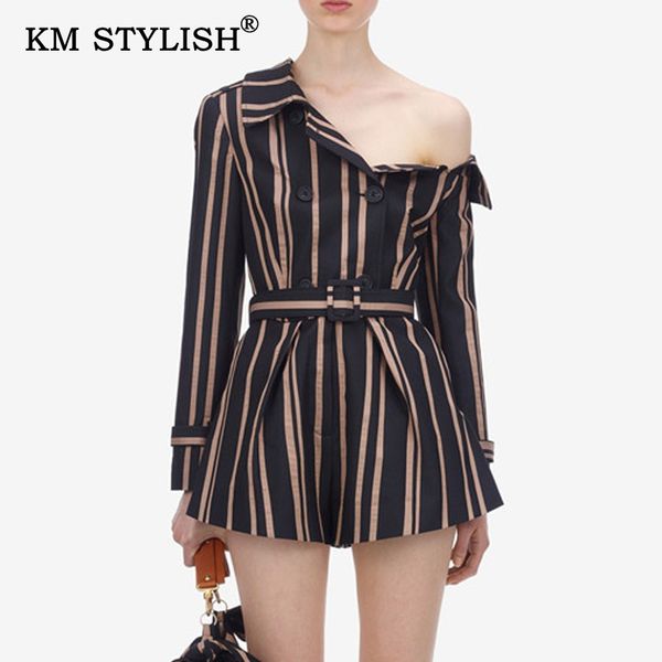 2019 autumn sp new women one-shoulder romper black striped sashes casual jumpsuit female long-sleeve turn-down collar short, Black;white
2019 autumn sp new women one-shoulder romper black striped sashes casual jumpsuit female long-sleeve turn-down collar short, Black;white